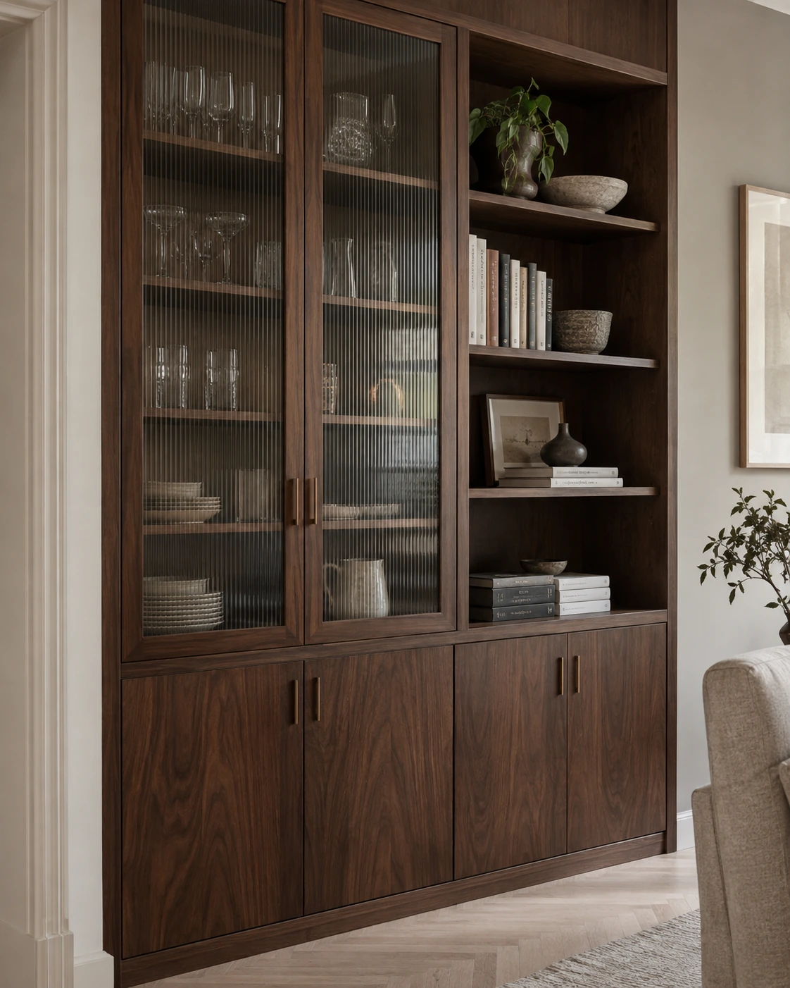 Glazed display cabinet with a dark wood finish