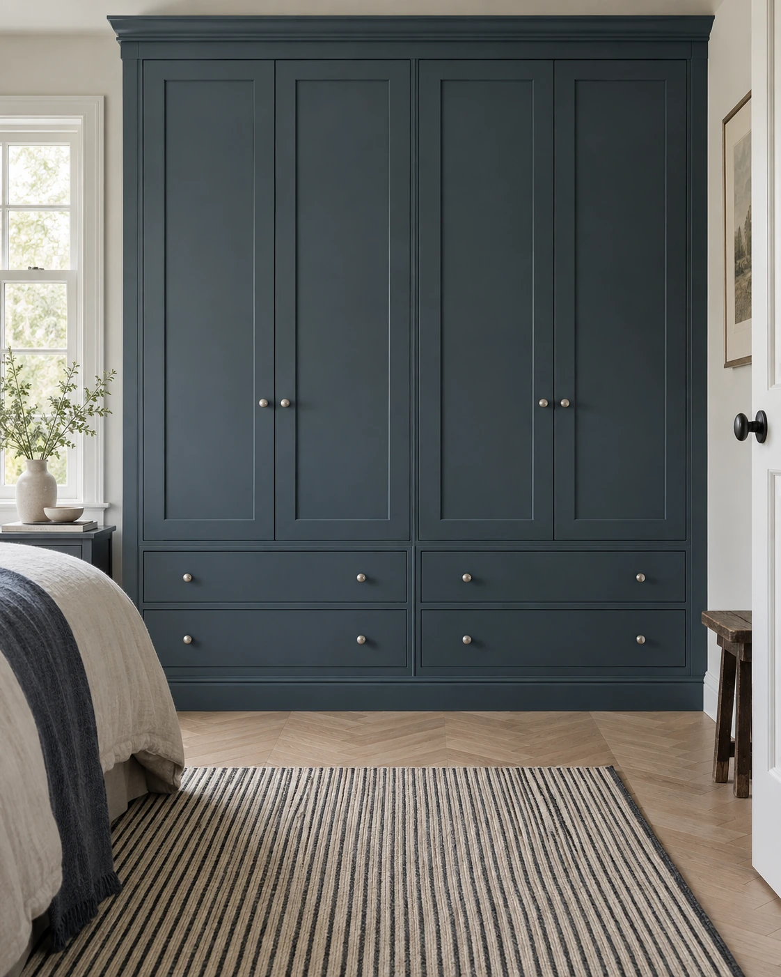 Blue cabinet with framed fronts