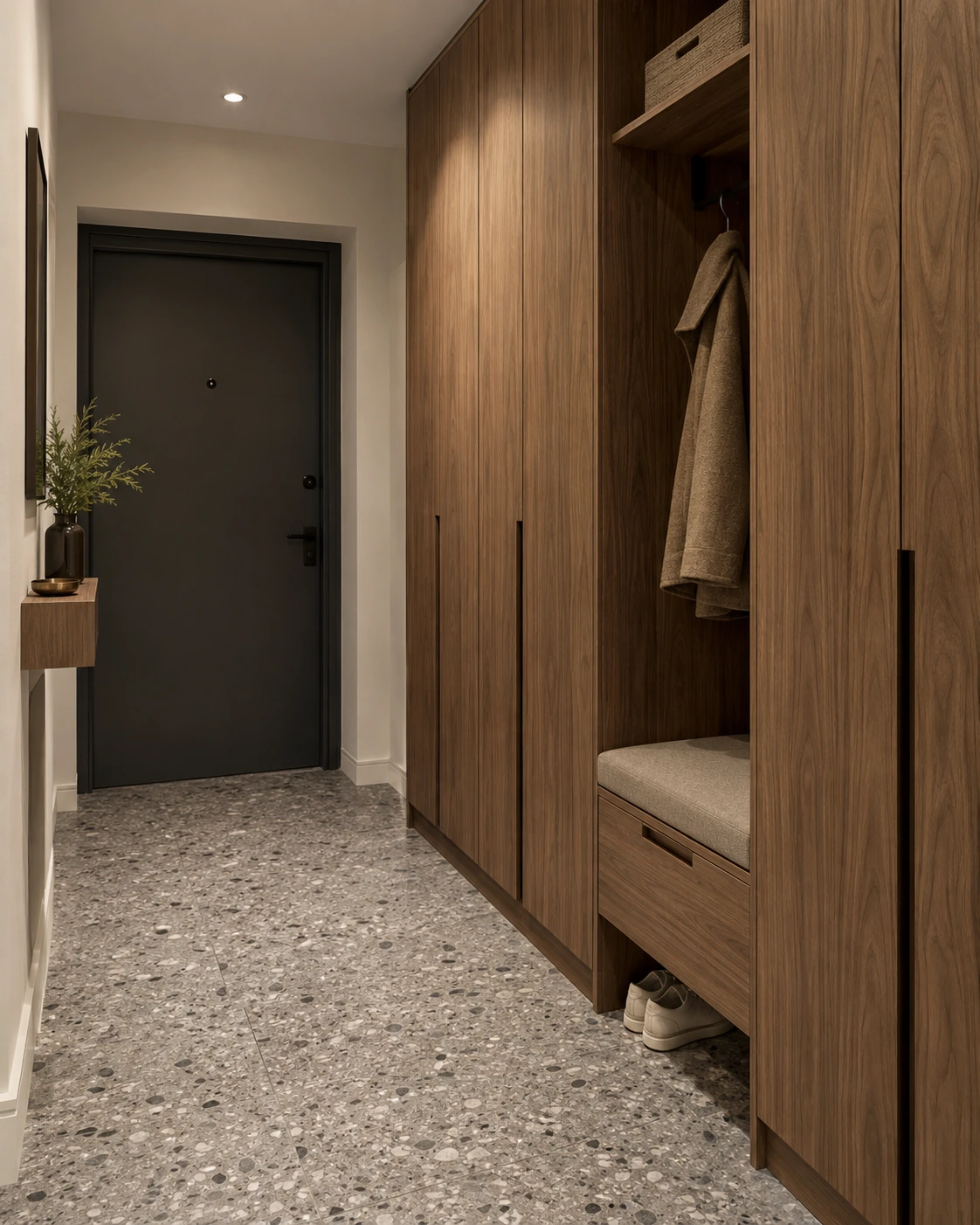 Hallway cabinet in a warm wood tone