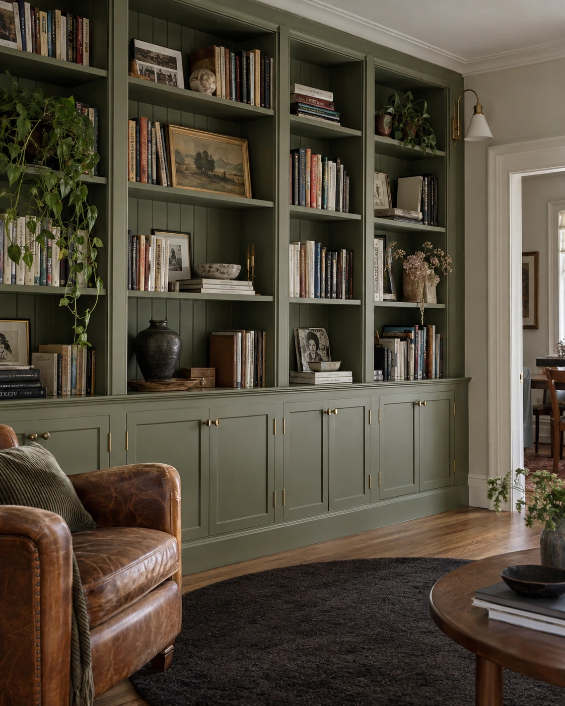 Library shelves in a soft green tone
