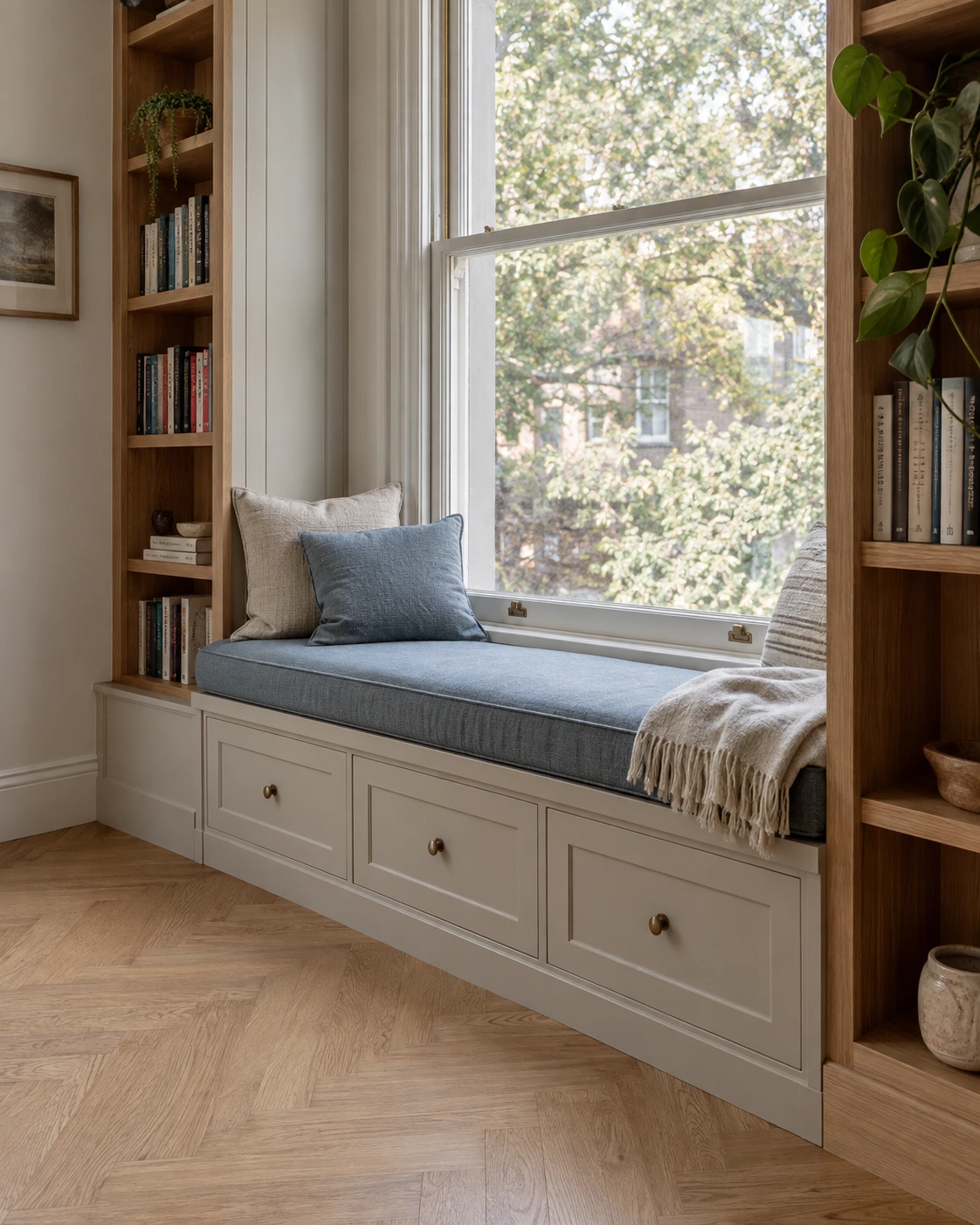 Window nook with a bench and concealed storage