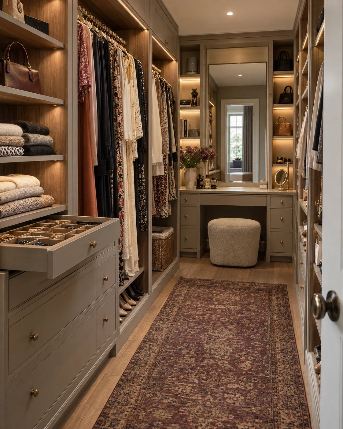Dressing room with storage for clothes, shoes, and accessories
