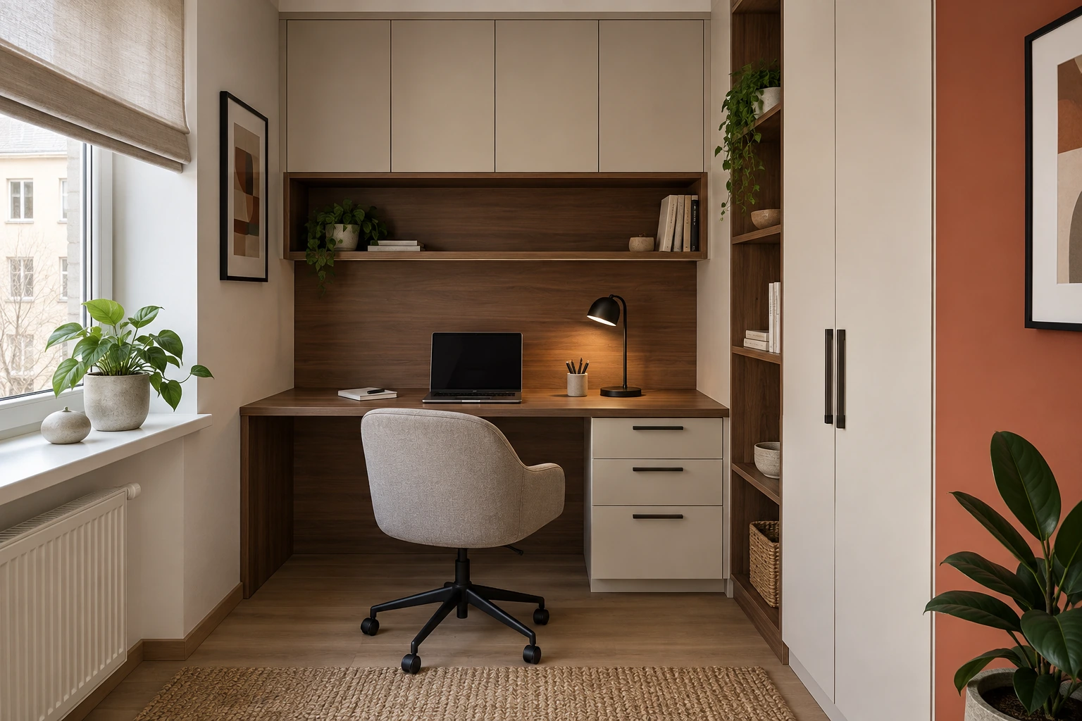 Home workspace with a desk and shelves
